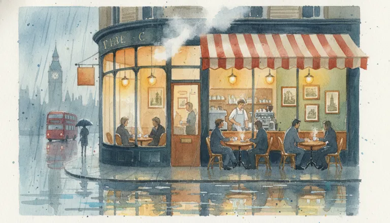 AI image generated by Mfaysal IG: A cosy London café on a rainy evening, warm lights, watercolour painting