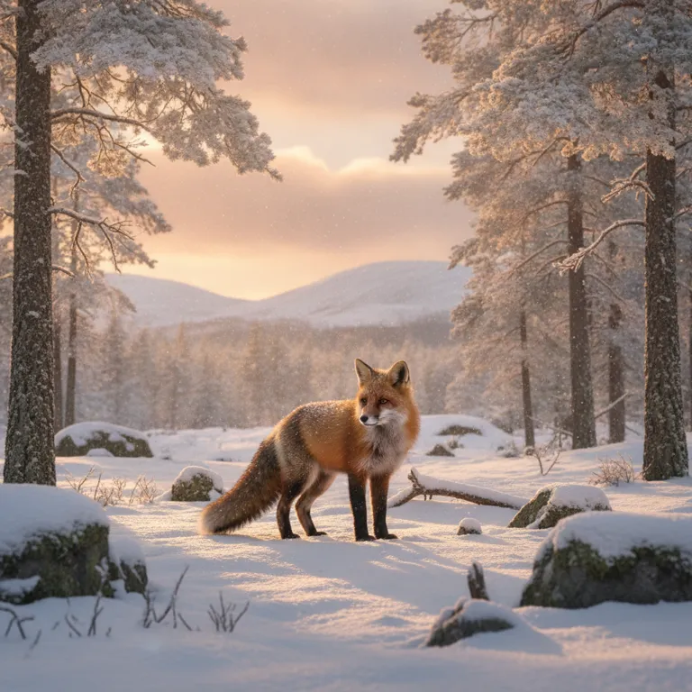 AI image generated by Mfaysal IG: A red fox in a snowy Scottish forest at golden hour, photorealistic