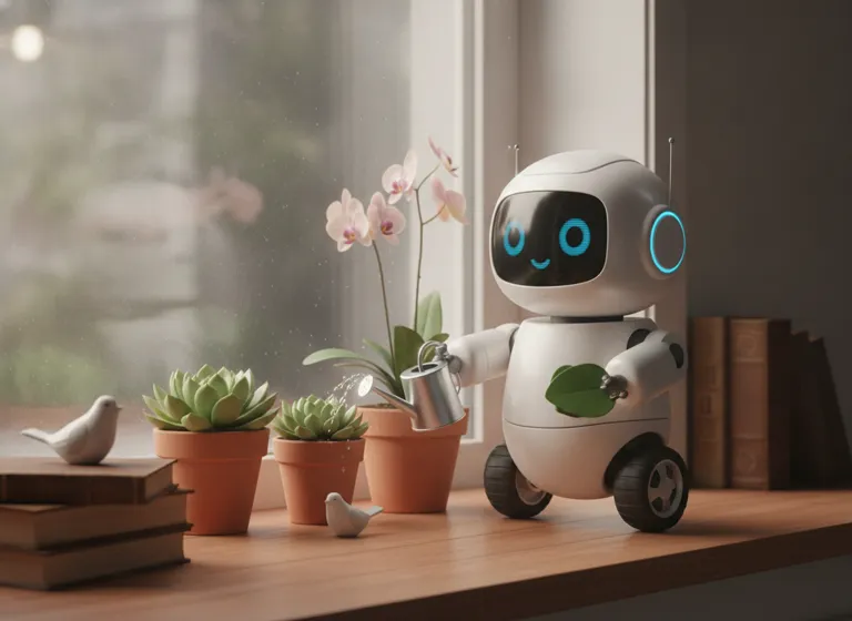 AI image generated by Mfaysal IG: A friendly small robot watering plants on a windowsill, 3D render