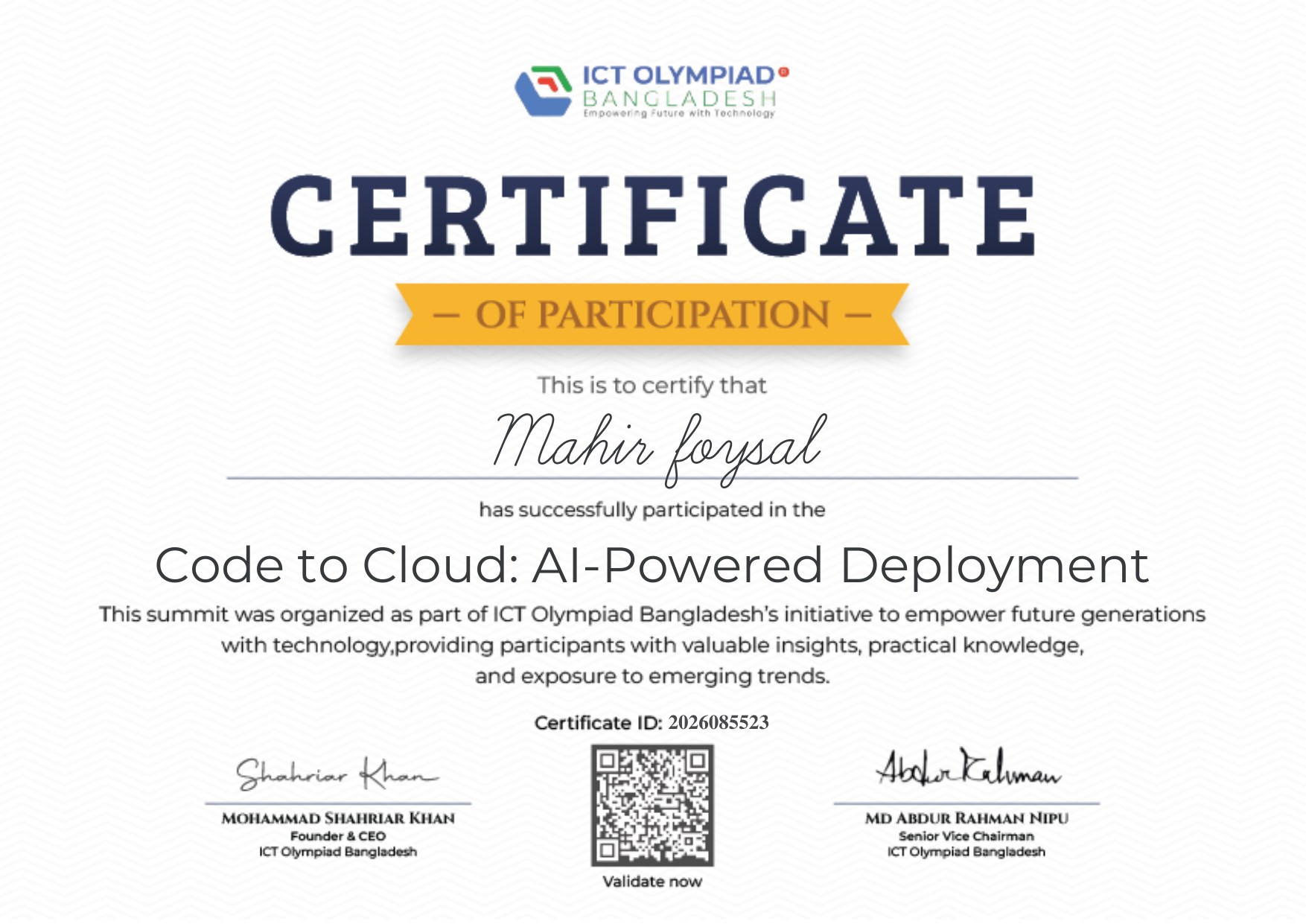 Certificate: Code to Cloud: AI-Powered Deployment from ICT Olympiad Bangladesh