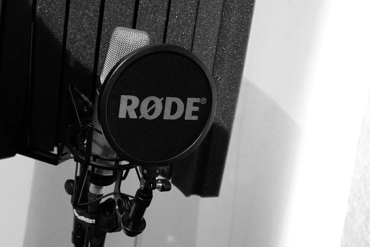 Condenser microphone with a pop filter and reflection shield