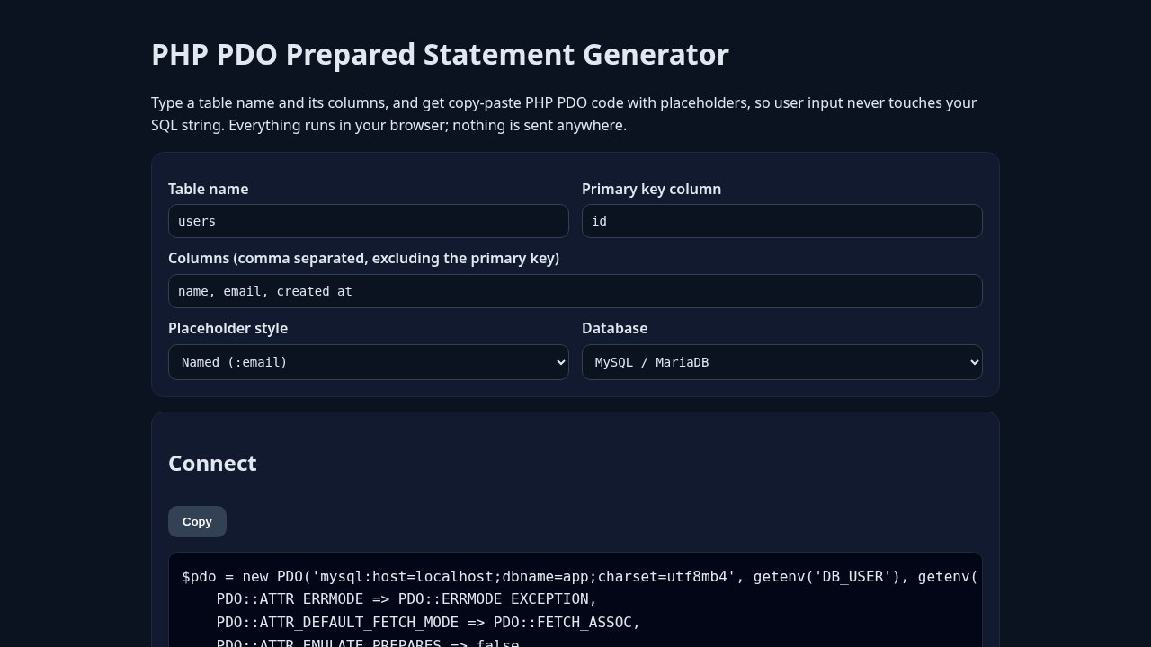 PHP PDO Prepared Statement Generator project cover, built with PHP and PDO