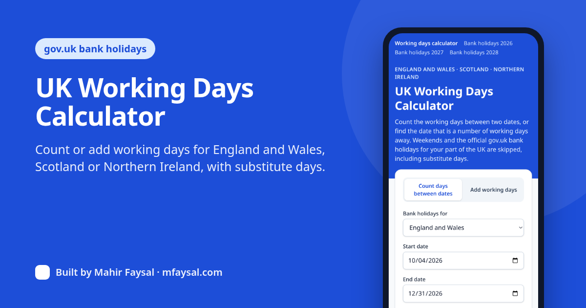UK Working Days Calculator project cover, built with Next.js and TypeScript