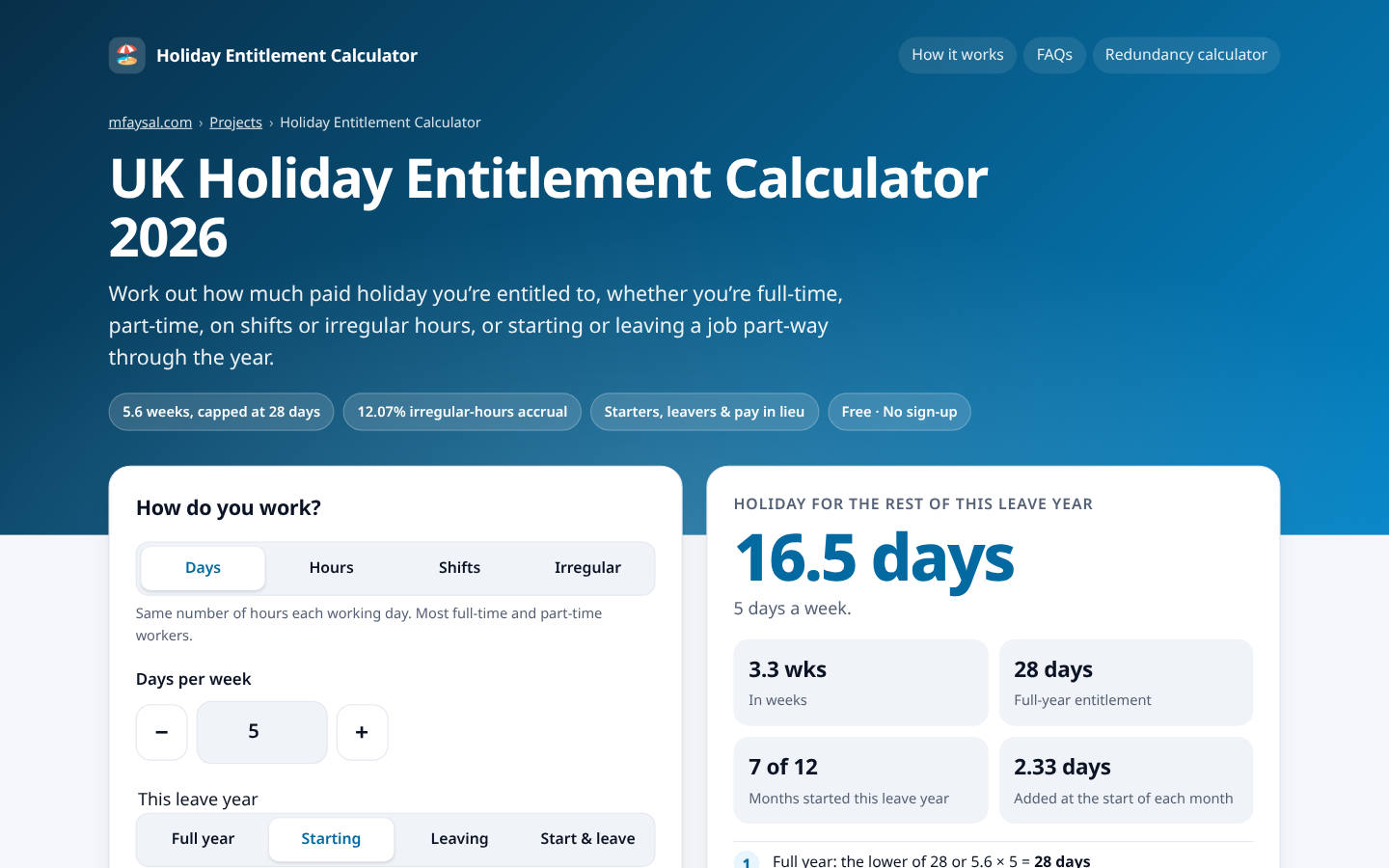 UK Holiday Entitlement Calculator 2026 project cover, built with HTML and CSS